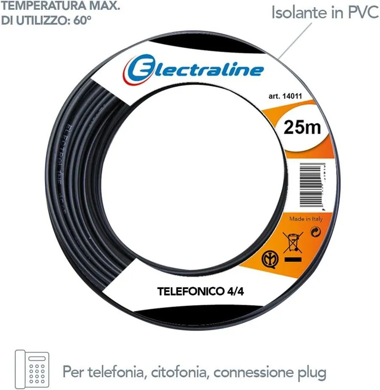 Cavo telefonico Electraline nero 4/4 - 14011 Reso Gratuito