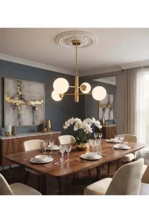 Lampadario moderno oro con sfere in vetro bianco a 4 luci BGA 3650-4 Promozione