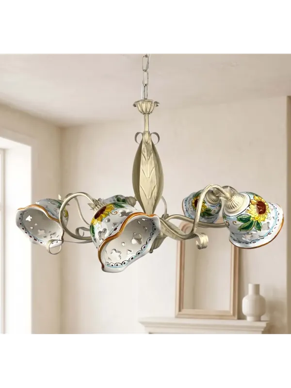 Lampadario rustico in ceramica siciliana girasole 5 luci coll. Alma Compra Online