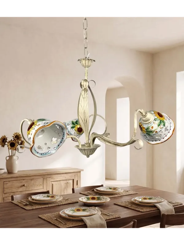 Lampadario rustico in ceramica siciliana girasole 3 luci coll. Alma Più Venduto