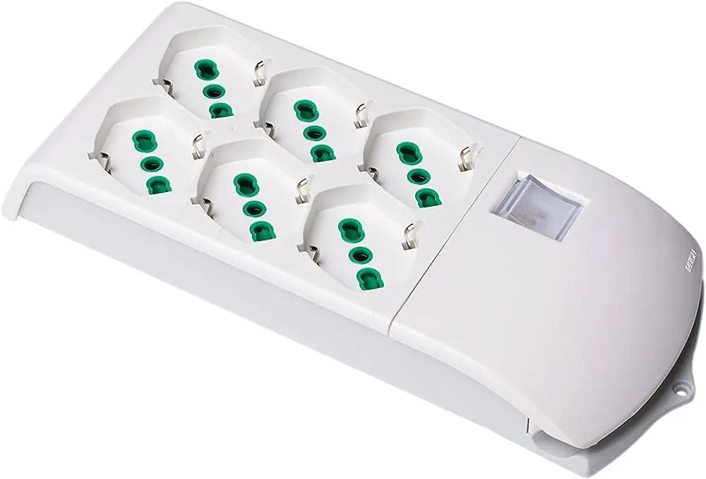 Esclusivo Multipresa compatta 6 prese bipasso italo/tedesche 2P+T 16A con INTERRUTTORE bipolare luminoso Mod. FIDO 410320, SENZA CAVO