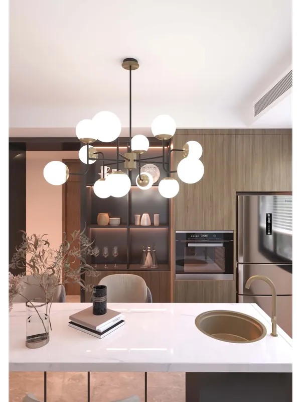 Lampadario moderno nero e ottone con sfere in vetro 12 luci tpl 0996 Affare