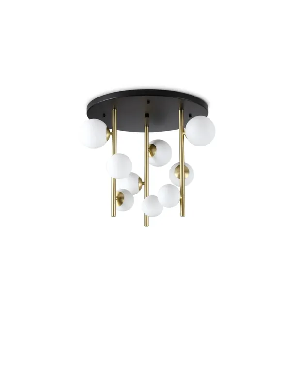Offerta Plafoniera moderna nera e oro con sfere in vetro bianco a 9 luci DL1890