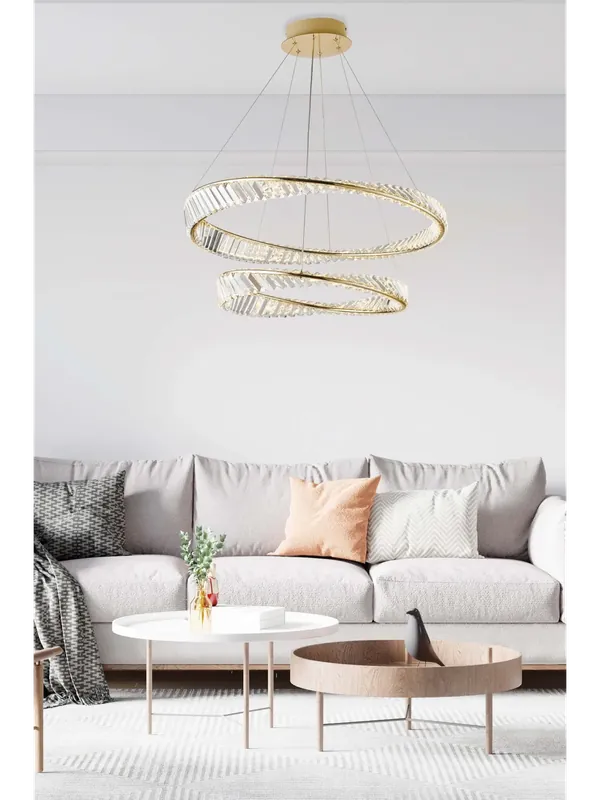 Lampadario a led moderno 2 cerchi in cristallo oro luxury lgt 096 Offerta