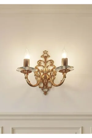 Applique classico in ottone e cristallo oro francese a 2 luci CL119 Spedito Oggi