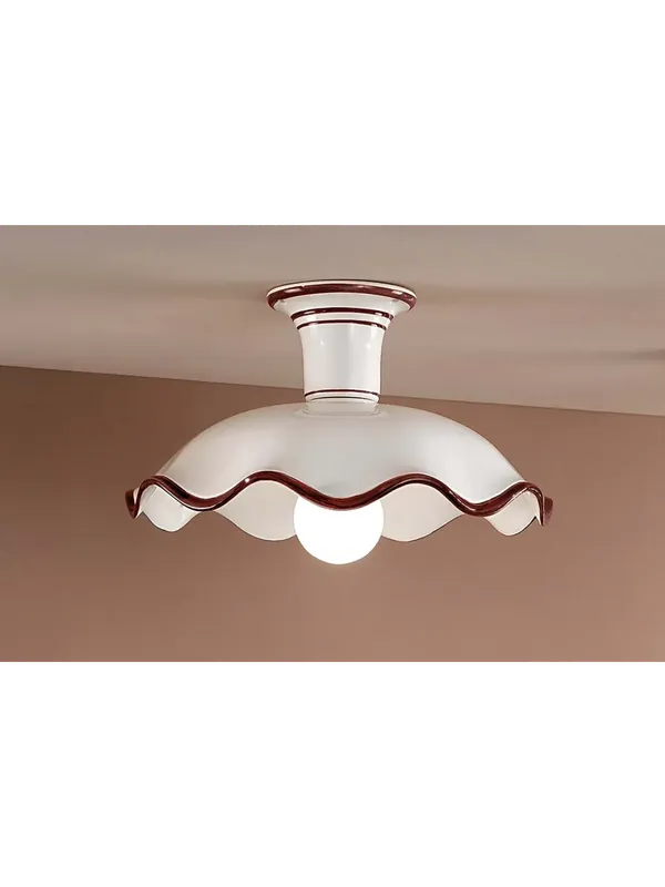 Plafoniera rustica in ceramica bianca-marrone D.28cm 1 luce DP294 Nuovo Arrivo