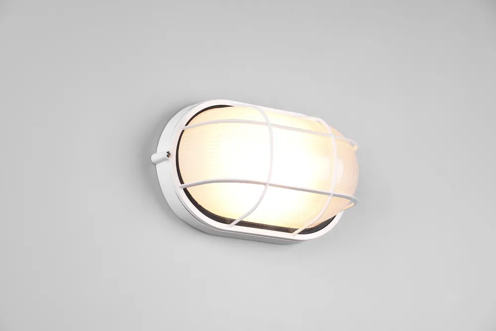 Popolare ALGI PLAFONIERA APPLIQUE DA ESTERNO OVALE FUTouchdimmerONE DI ALLUMINIO BIANCA CON GRIGLIA E VETRO SATINATO L.28,3CM IP44
