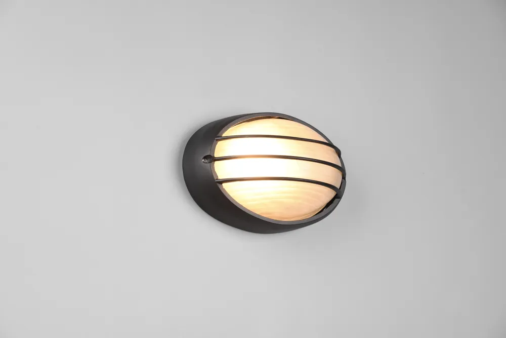 TIRSO PLAFONIERA APPLIQUE DA ESTERNO OVALE FUTouchdimmerONE DI ALLUMINIO NERA CON GRIGLIA E VETRO SATINATO L.21,3CM IP44 Spedizione Espresso