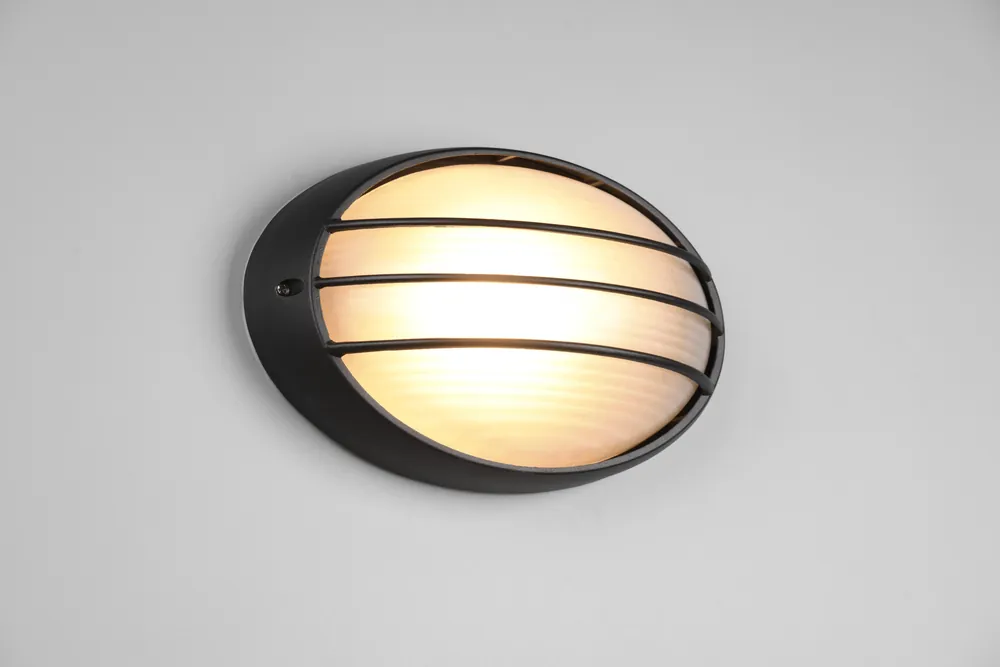 Solo Oggi TIRSO PLAFONIERA APPLIQUE DA ESTERNO OVALE FUTouchdimmerONE DI ALLUMINIO NERA CON GRIGLIA E VETRO SATINATO L.32CM IP44