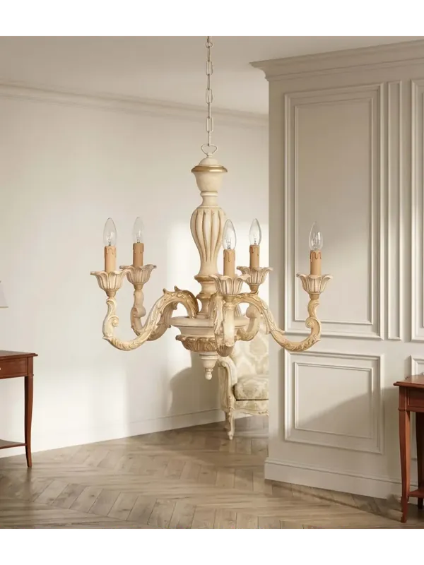 Lampadario classico in legno decapè oro a 5 luci esse 711/5 Offerta Speciale