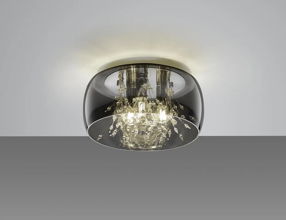 CRYSTEL PLAFONIERA METALLO CROMATO VETRO FUME‘ CROMATO CON DECORI EFFETTO CRISTALLO D. 34CM Prezzo Conveniente