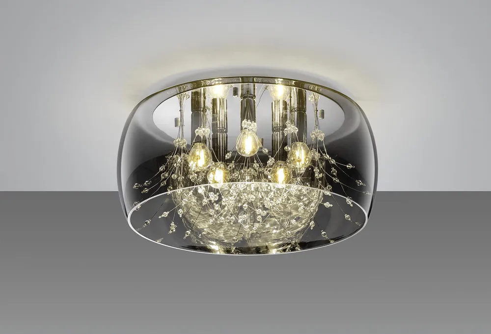 CRYSTEL PLAFONIERA METALLO CROMATO VETRO FUME‘ CROMATO CON DECORI EFFETTO CRISTALLO D. 50CM Offerta Limitata