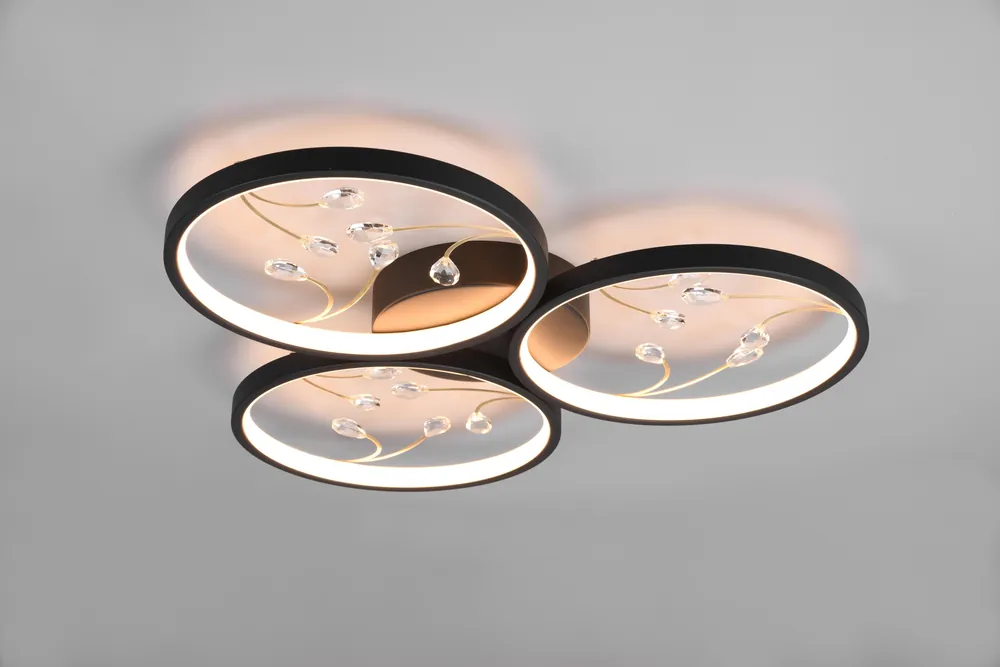 GROOVY PLAFONIERA LED 3 CERCHI CON DECORI GEMME TRASPARENTI NERA CON FUNZIONE DI REGOLAZIONE INTENTouchdimmerTA‘ CON NORMALE INTERRUTTORE A PARETE D. 62CM Nuovo Arrivo