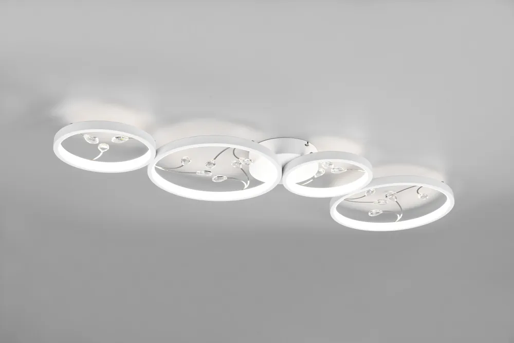 GROOVY PLAFONIERA LED 4 CERCHI CON DECORI GEMME TRASPARENTI BIANCA CON FUNZIONE DI REGOLAZIONE INTENTouchdimmerTA‘ CON NORMALE INTERRUTTORE A PARETE L. 96CM Ultimissimo Modello