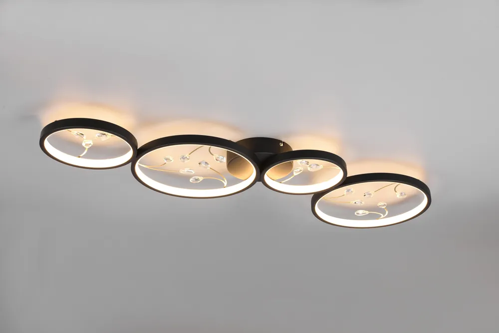GROOVY PLAFONIERA LED 4 CERCHI CON DECORI GEMME TRASPARENTI NERA CON FUNZIONE DI REGOLAZIONE INTENTouchdimmerTA‘ CON NORMALE INTERRUTTORE A PARETE L. 96CM Compra Oggi Stesso