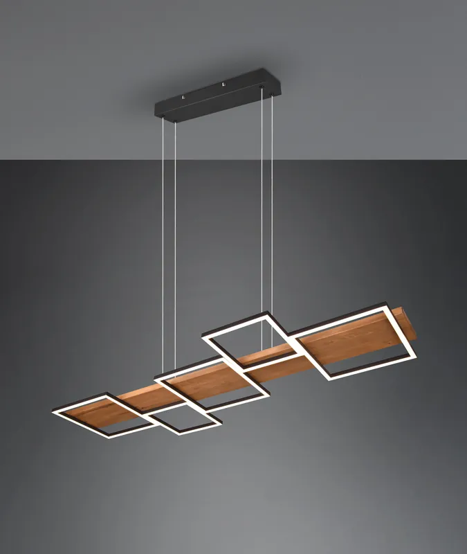 Ultima Occasione HARPER SOSPENTouchdimmerONE LED LEGNO NATURALE E METALLO NERO 5 QUADRATI CON REGOLAZIONE INTENTouchdimmerTA‘ CON NORMALE INTERRUTTORE A PARETE L. 115CM