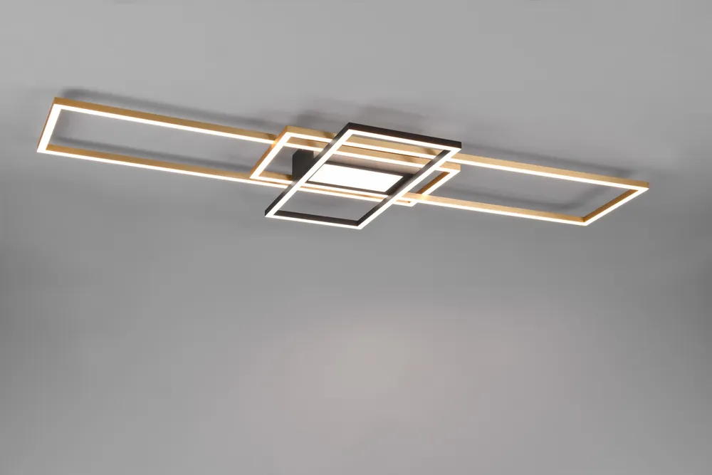 Spedizione Espresso IRVINE PLAFONIERA LED 3 RETTANGOLI OTTONE E NERO CON LUCE CENTRALE CON TELECOMANDO MULTIFUNZIONE REGOLAZIONE INTENTouchdimmerTA‘ E TEMPERATURA DI COLORE DELLA LUCE L.105CM