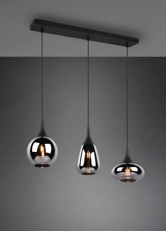Sconto LUMINA SOSPENTouchdimmerONE RETTANGOLARE METALLO NERO CON 3 DIFFUSORI DI VETRO FUME‘ CROMATO IN FORME DIFFERENTI L. 60CM