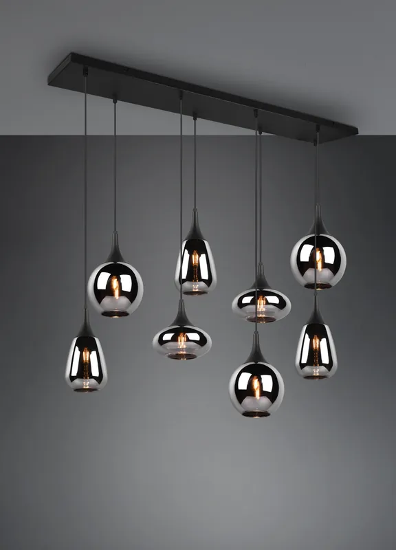 LUMINA sospension Touch dimmer ONE RETTANGOLARE METALLO NERO CON 8 DIFFUSORI DI VETRO FUME‘ CROMATO IN FORME DIFFERENTI L. 115CM Consegna Rapida