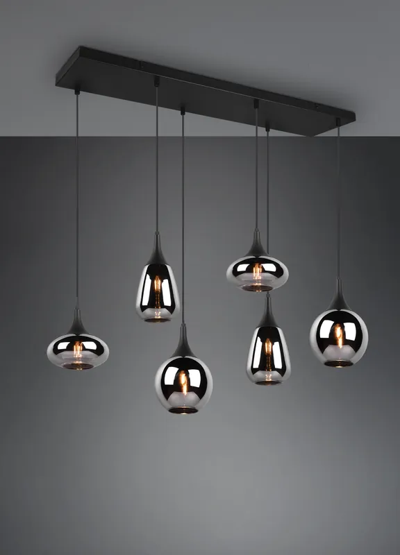 LUMINA SOSPENTouchdimmerONE RETTANGOLARE METALLO NERO CON 6 DIFFUSORI DI VETRO FUME‘ CROMATO IN FORME DIFFERENTI L. 85CM Popolare