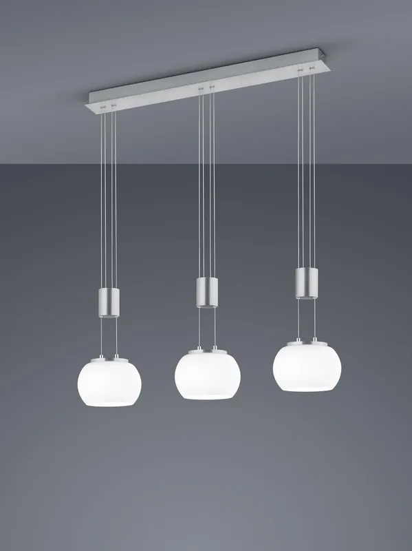 Economico MADISON SOSPENTouchdimmerONE LED BARRA METALLO ACCIAIO E 3 VETRI SFERA BIANCHI CON REGOLAZIONE ALTEZZA CON CONTRAPPESO E DIMMERAZIONE INTENTouchdimmerTA‘ CON NORMALE INTERRUTTORE A PARETE L. 82CM