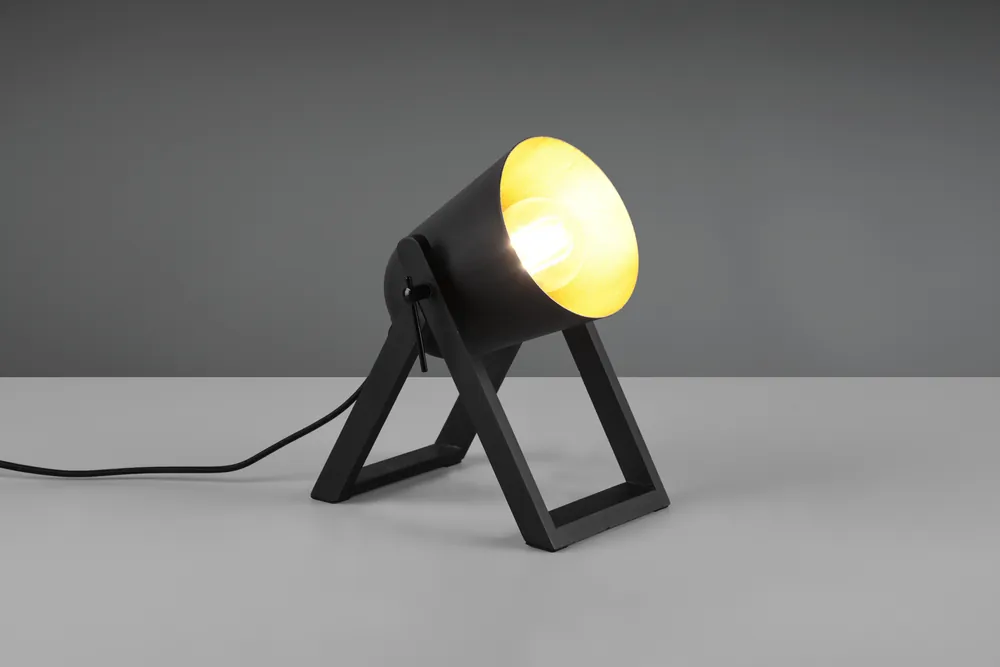 Novità MARC LAMPADA DA TAVOLO CON PIEDI DI LEGNO DIFFUSORE METALLO NERO E ORO H. 21CM