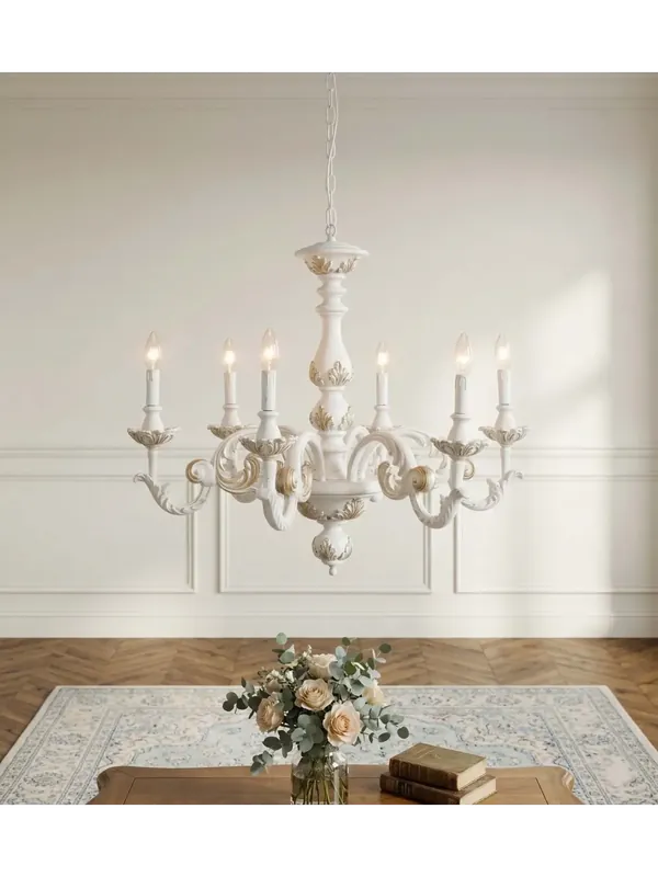Vendita Finale Lampadario classico in legno bianco shabby chic a 6 luci esse 710/6
