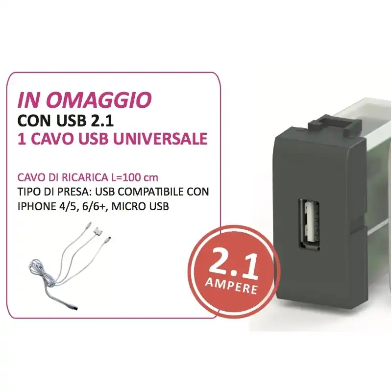 4 box presa usb per smartphone per bticino living light antracite 2,1a 4bx4b.l.usb Popolare