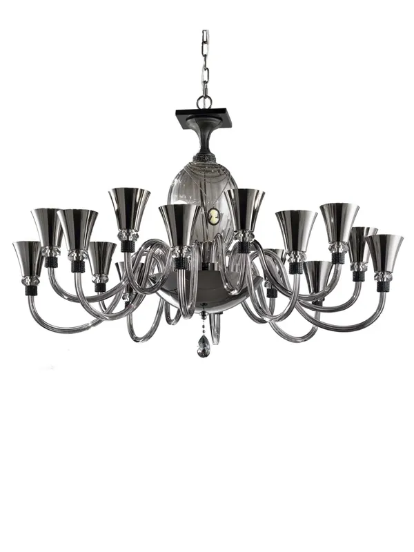 Promozione Esclusiva Lampadario moderno in cristallo fumè e pelle nera a 16 luci luxury m117
