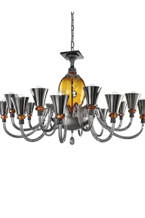 Ultima Occasione Lampadario classico cristallo fumè-ambra pelle nera a 16 luci luxury m118