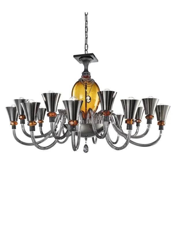 Ultima Occasione Lampadario classico cristallo fumè-ambra pelle nera a 16 luci luxury m118