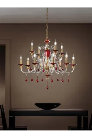 Direttamente Dal Produttore Lampadario classico in cristallo rosso e ottone a 12 luci luxury m054 swarovsky