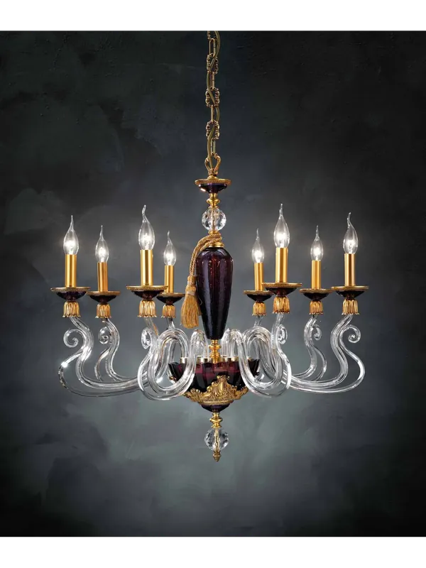Novità Lampadario classico lusso ottone e cristallo viola a 8 luci luxury m036