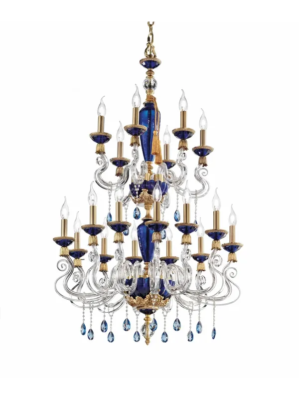 Lampadario classico lusso ottone e cristallo blu a 18 luci luxury m035 swarovsky Più Venduto