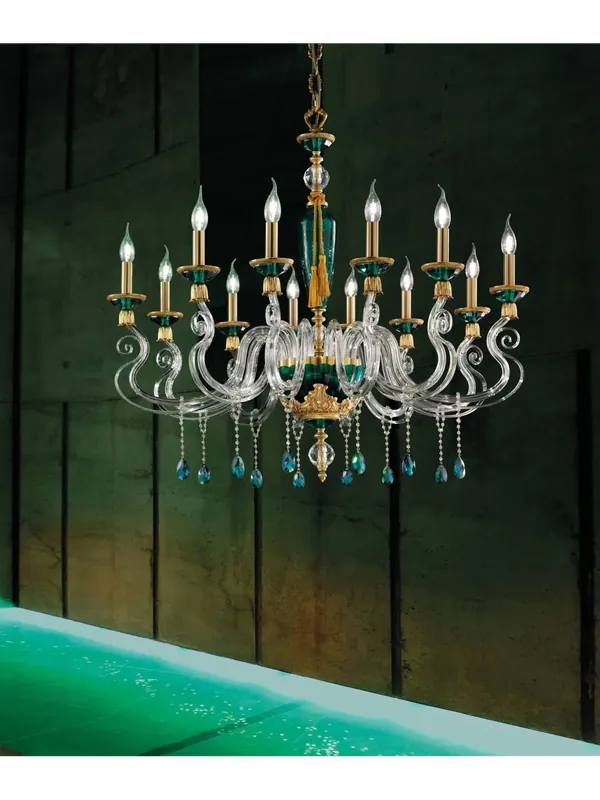 Prezzo Ridotto Lampadario classico lusso ottone e cristallo verde a 12 luci luxury m034