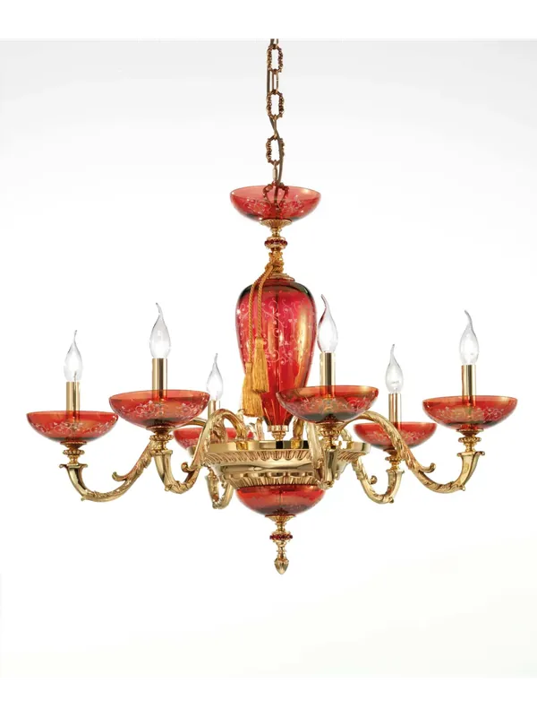 Lampadario classico lusso ottone oro 24k e rosso a 6 luci luxury m030 swarovsky Novità
