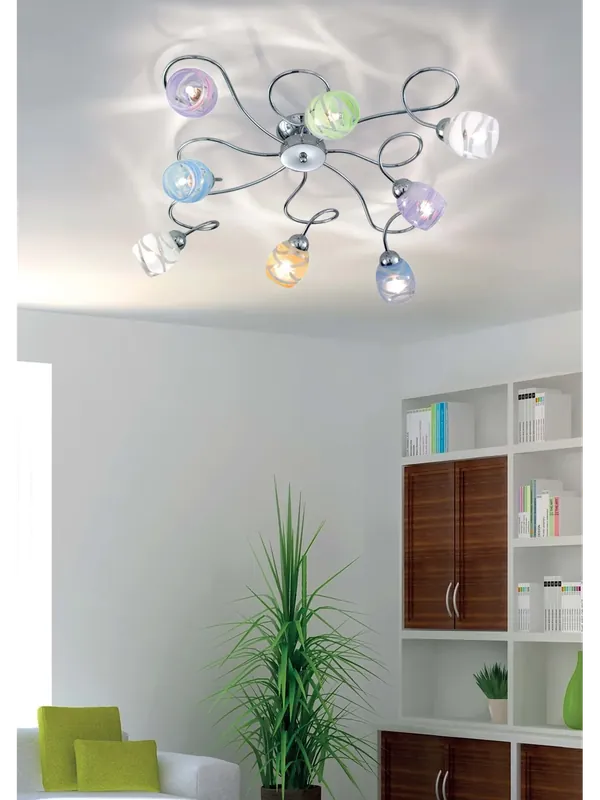 Plafoniera moderna cromata con vetri colorati a 8 luci DP281 Scelto Dai Clienti
