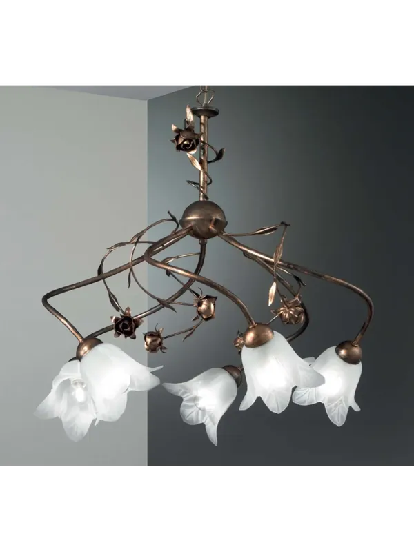 Nuovo Arrivo Lampadario classico in ferro battuto ruggine vetro bianco a 5 luci DP272