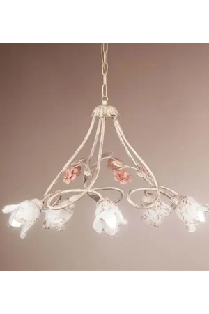 A Buon Prezzo Lampadario classico in ferro battuto avorio e rosa con fiori a 5 luci DP214