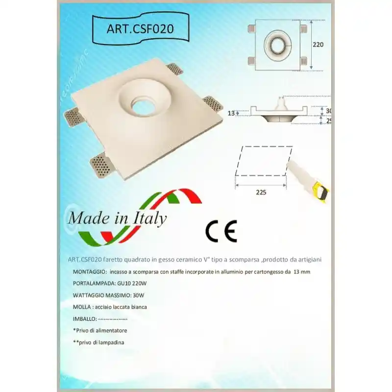 Di Tendenza faretto incasso quadrato in gesso ceramico con svasatura a scomparsa csf020