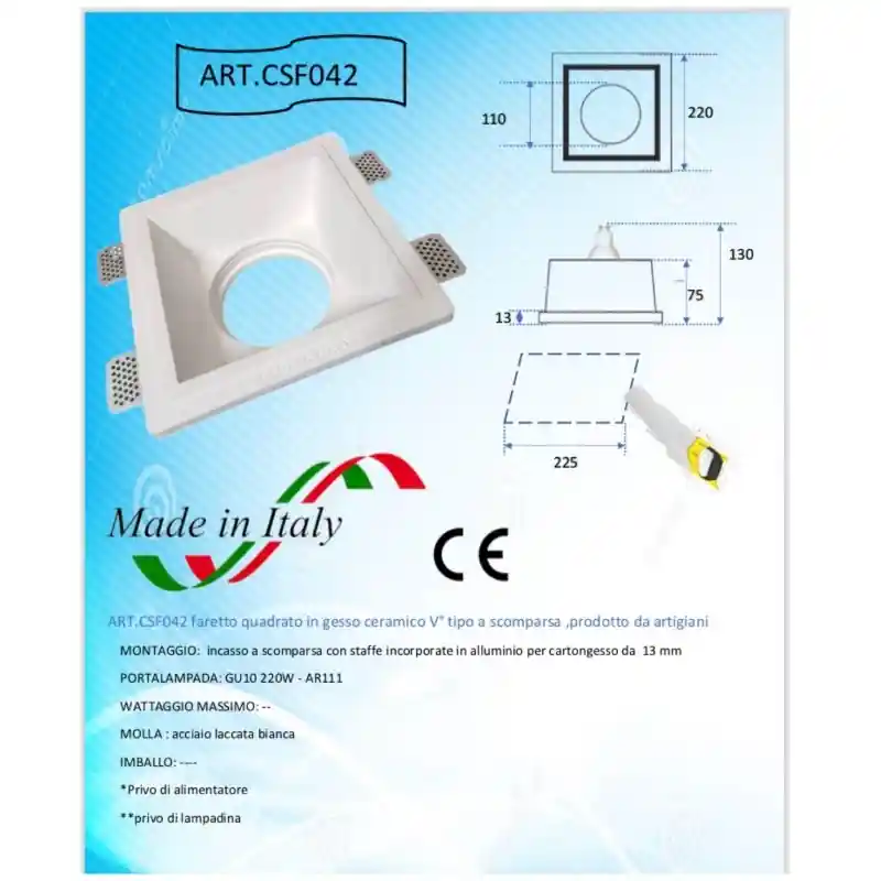 Solo Oggi faretto da incasso in gesso ceramico quadrato per ar111 csf042