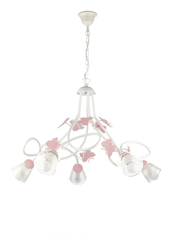 Lampadario moderno design shabby chic bianco e rosa a 5 luci stf 0081 Esclusivo