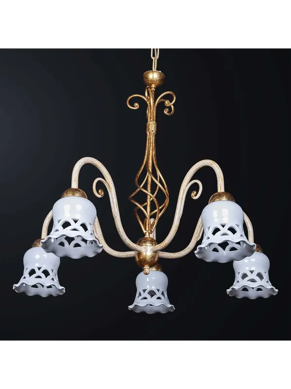 Pagamento Sicuro Lampadario classico in ferro battuto e ceramica bianca a 5 luci BGA 3210-5