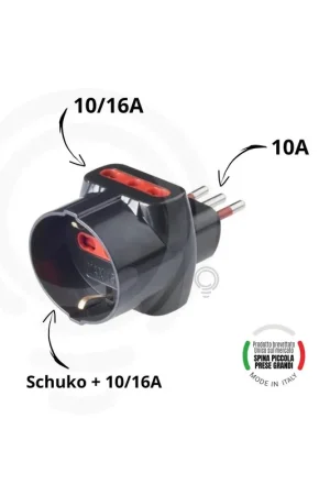 Adattatore Schuko nero Bivalente con Spina Piccola da 10A e 2 Prese Bivalenti da 10/16A Ultima Occasione