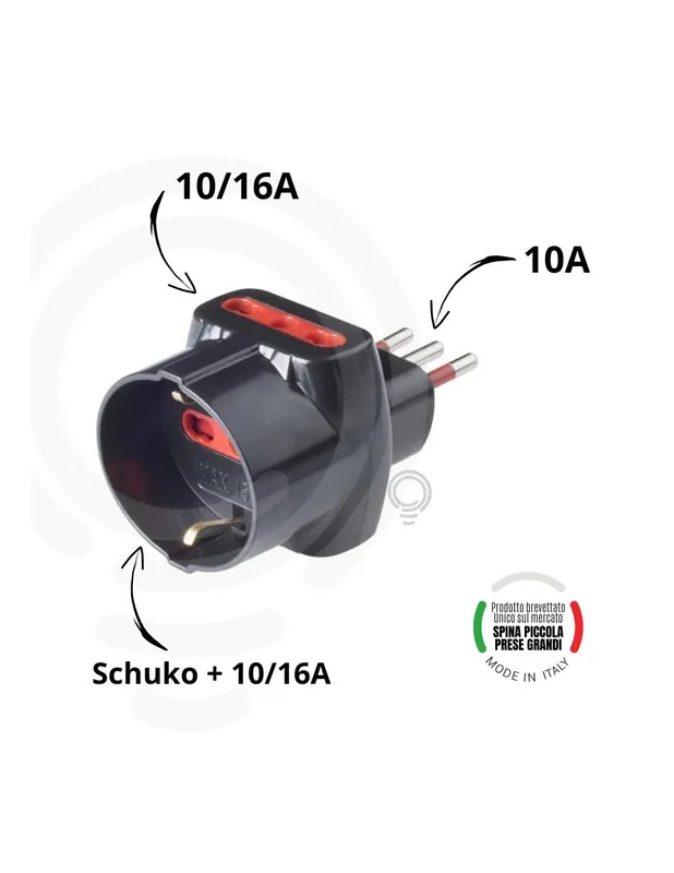 Adattatore Schuko nero Bivalente con Spina Piccola da 10A e 2 Prese Bivalenti da 10/16A Ultima Occasione