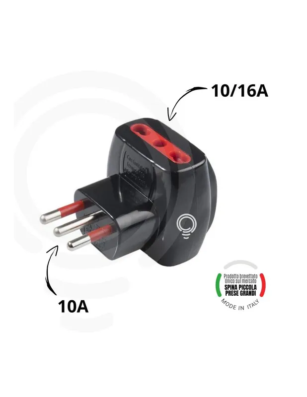 Compra Online Multipresa Adattatore nero con Spina Piccola da 10A e 3 Prese Bivalenti da 10/16A
