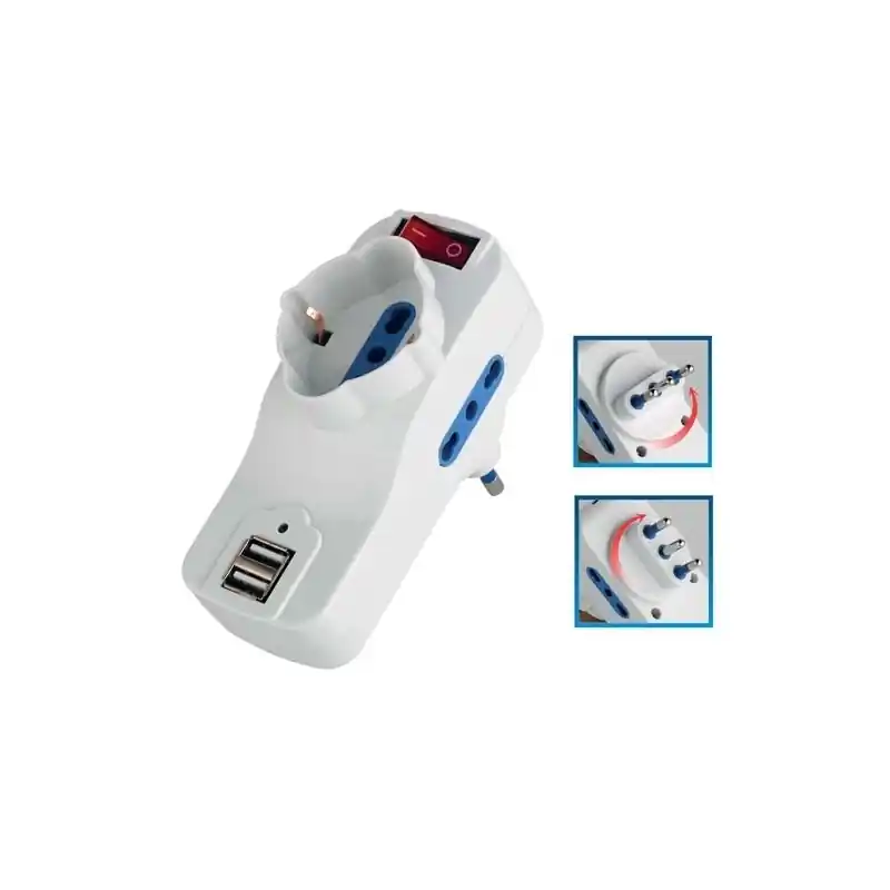 faeg 20802 adattatore multipresa 1 schuko 2 bipasso 2 usb con interruttore spina girevole fg 20802 Spedito Oggi