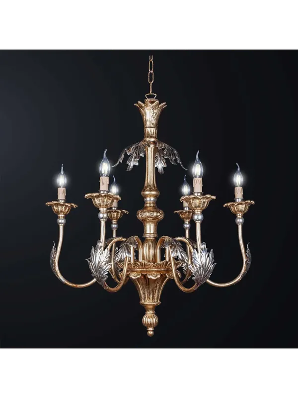 Spedizione Espresso Lampadario classico in legno foglia oro-argento a 6 luci BGA 3161-6