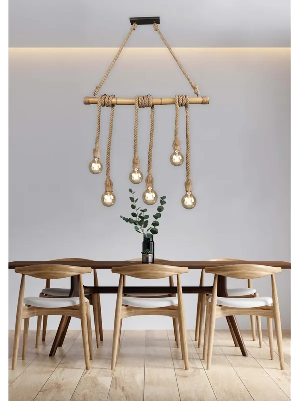 Lampadario vintage rustico corda e bambù 6 luci TR003 Subito Disponibile