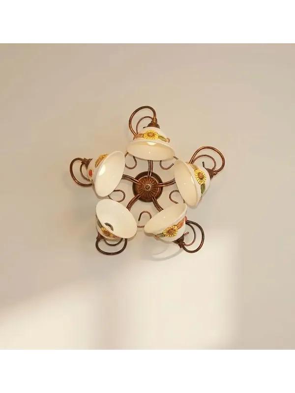 Plafoniera classica in ferro battuto e ceramica girasole 5 luci coll. Terry Quantità Limitata